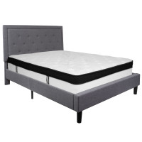 Flash Furniture SL-BMF-27-GG Roxbury Queen Size Tufted Upholstered Platform Bed in Light Gray Fabric with Memory Foam Mattress